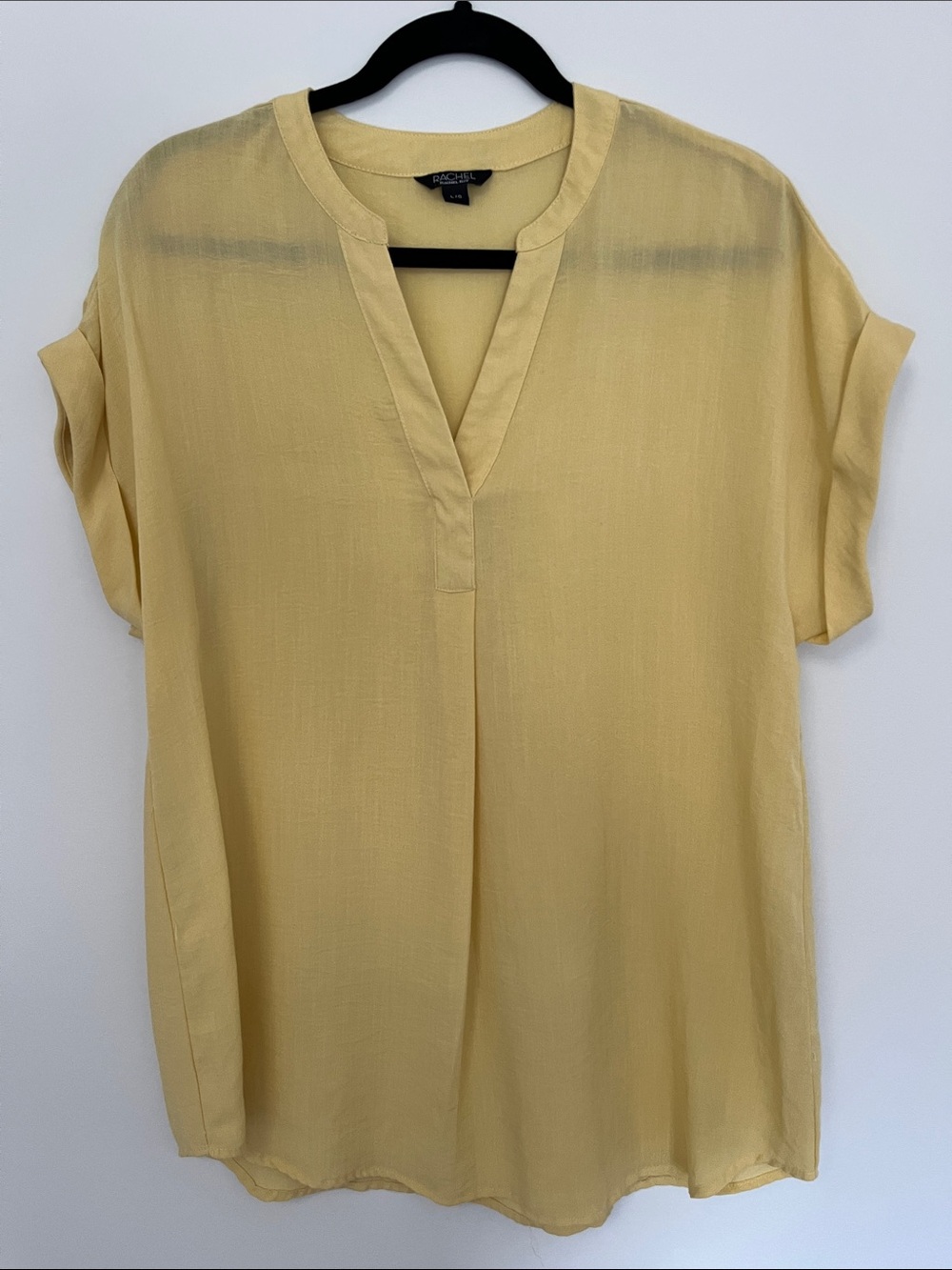 Rachel Roy Women’s Blouse Large Light Yellow Butter Sleeve Cuff Flowy Semi Sheer